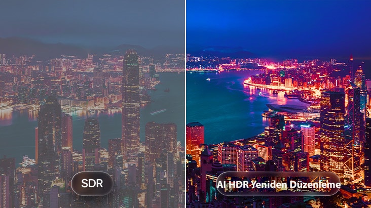 AI HDR Yeniden Düzenleme özelliğine sahip LG QNED evo AI QNED90 Mini LED, solda SDR ve sağda AI HDR Yeniden Düzenleme bulunan bölünmüş bir şehir manzarası karşılaştırmasında gösteriliyor; daha parlak şehir ışıkları, daha derin kontrast ve sahne genelinde daha canlı ayrıntılar sunuyor.