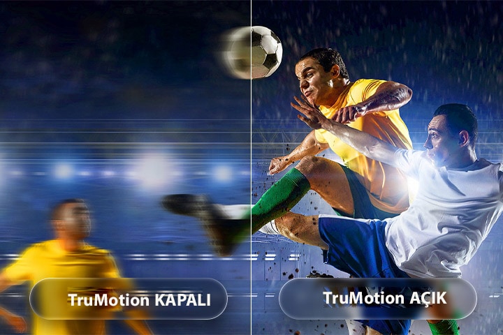 LG QNED evo AI QNED90 Mini LED, TruMotion özelliğiyle bölünmüş ekranlı bir futbol sahnesinde hareket düzeltme özelliğini vurguluyor; TruMotion kapalıyken bulanık hareketler, TruMotion açıkken keskin ve net hareketler sunarak hızlı tempolu sporlarda netliği ön plana çıkarıyor.