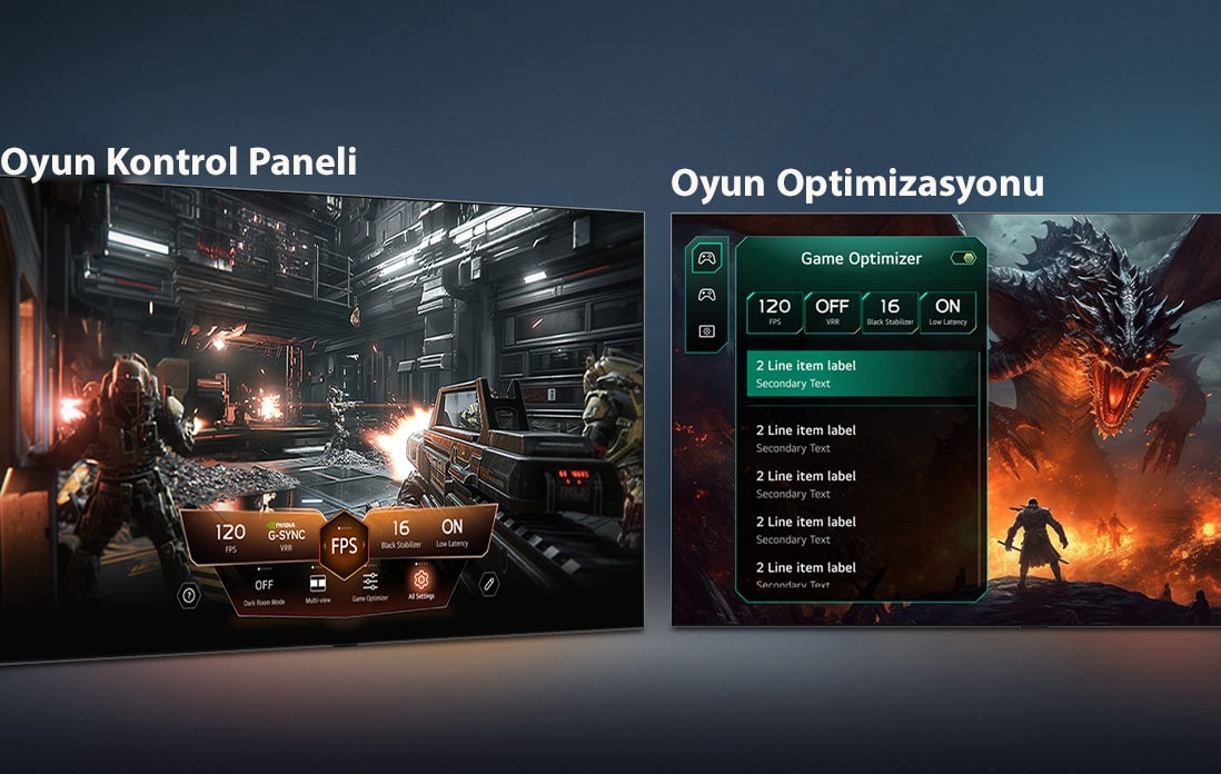 Oyun Kontrol Paneli ve Optimize Edici özellikli LG QNED evo AI QNED90 Mini LED, yan yana oyun ekranlarını ve yenileme hızı, gecikme ile görsel modlar gibi oyun ayarlarını gerçek zamanlı olarak ayarlamaya yönelik bir ekran menüsü gösteriyor.