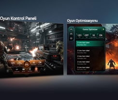 Oyun Kontrol Paneli ve Optimize Edici özellikli LG QNED AI QNED70 Mini LED, yan yana oyun ekranlarını ve yenileme hızı, gecikme ile görsel modlar gibi oyun ayarlarını gerçek zamanlı olarak ayarlamaya yönelik bir ekran menüsü gösteriyor.