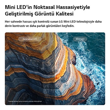 LG QNED AI QNED70 Mini LED ekranda kıyı şeridindeki kayalıklar bölünmüş görüntüyle karşılaştırılıyor. Geleneksel LED'e kıyasla Mini LED teknolojisinin daha keskin kaya dokularını ve daha net okyanus detaylarını ortaya çıkardığı, daha derin siyahlar ve daha hassas kontrast sağlayarak daha fazla netlik ve derinlik sunduğu vurgulanıyor.