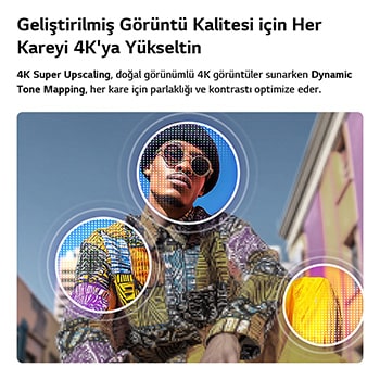 4K Süper Yükseltme ve Dinamik Ton Eşleştirme özelliğine sahip LG QNED AI QNED70 Mini LED, renkli binaların arasında duran bir adamın alçak açıdan çekilmiş dış mekan görüntüsünü gösteriyor. Yapay zeka sahneyi algılayıp her kareyi 4K çözünürlüğe yükseltiyor.