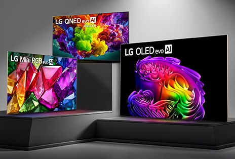LG TV ekran tipi görüntüsü, karanlık bir arka planda birden fazla TV kategorisinde canlı renkler ve yüksek kontrastlı görseller sergileyen LG QNED evo AI, LG Micro RGB evo AI ve LG OLED evo AI televizyonlarını gösteriyor.