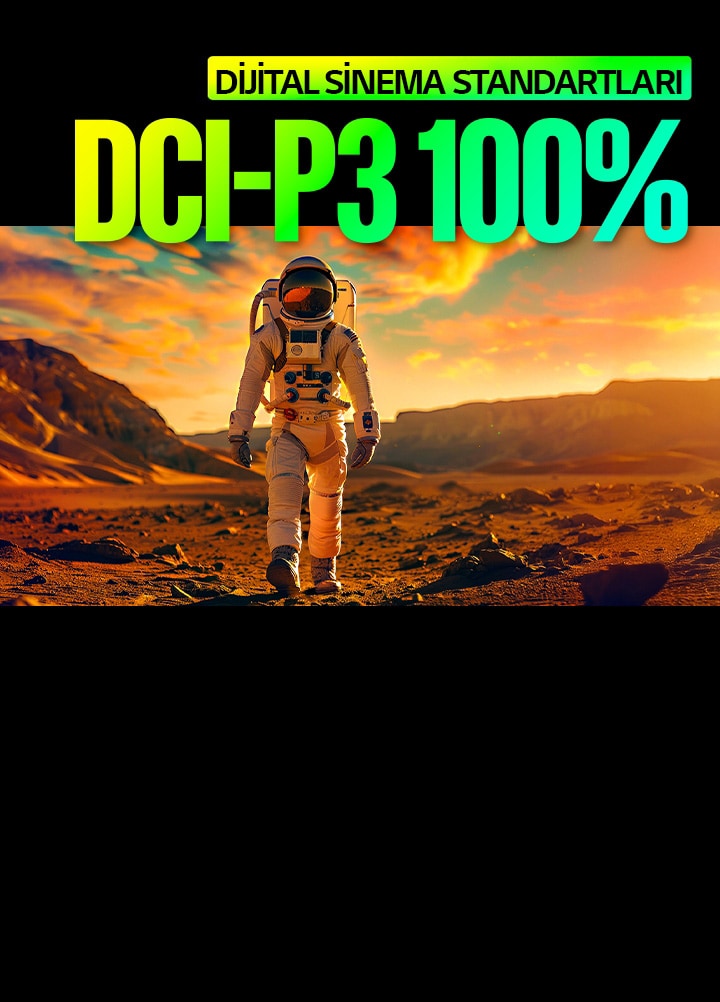 Sertifikalı Üçlü %100 Renk Kapsamına sahip LG Micro RGB evo TV, DCI-P3 100% dijital sinema standartlarına ulaşarak zengin HDR görseller ve sinematik renk ifadesi sunmak için gün batımında çölde yürüyen bir astronotu görüntüler.