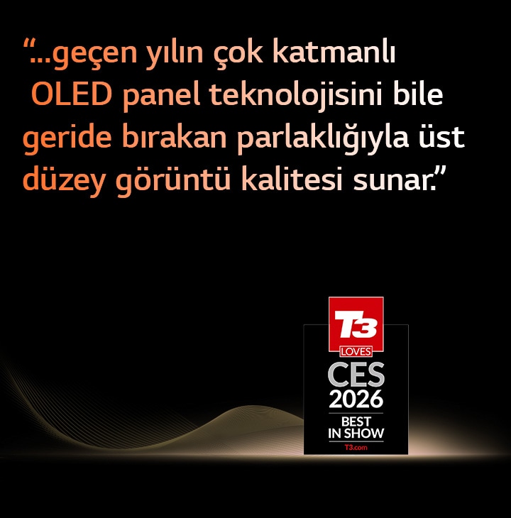 LG OLED evo TV, CES 2026’da T3 Best in Show ödülüne layık görüldü ve üstün görüntü kalitesi ile gelişmiş OLED panel inovasyonu sayesinde sektörün övgüsünü kazandığını vurgular.