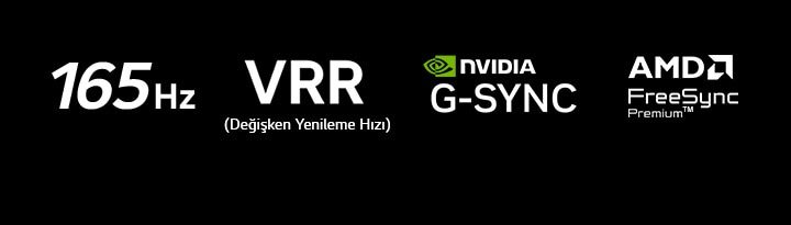 165Hz, VRR (Değişken Yenileme Hızı), NVIDIA G-SYNC ve AMD FreeSync Premium logoları karanlık bir arka plan üzerinde görünür.
