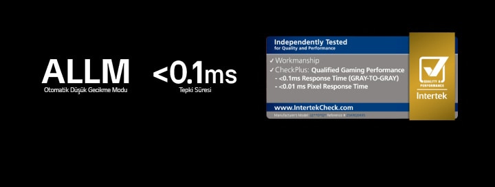 ALLM (Otomatik Düşük Gecikme Modu), <0,1 ms tepki süresi ve Intertek sertifika rozeti karanlık bir arka plan üzerinde görünür.