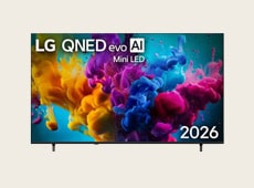 LG QNED evo AI Mini LED QNED82, ekranında görüntü kalitesini sergileyen renkli ve canlı görseller gösterir.