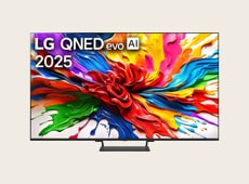 LG QNED evo AI Mini LED QNED90, ekranında görüntü kalitesini sergileyen renkli ve canlı görseller gösterir.