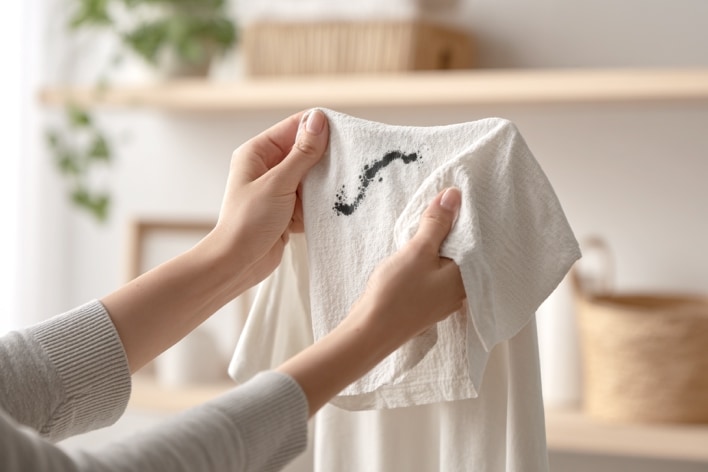 LG 洗衣準備場景，展示雙手在白色襯衫上塗抹去漬劑