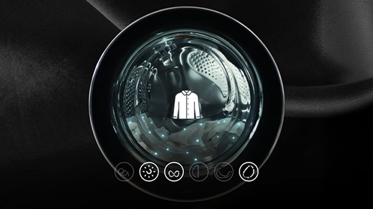 LG AI DD 洗衣機滾筒介面，顯示衣物材質圖示與洗滌動作模式。