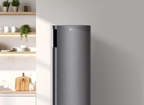 高大的 LG 單門冰箱放置於極簡風格的牆壁旁邊。