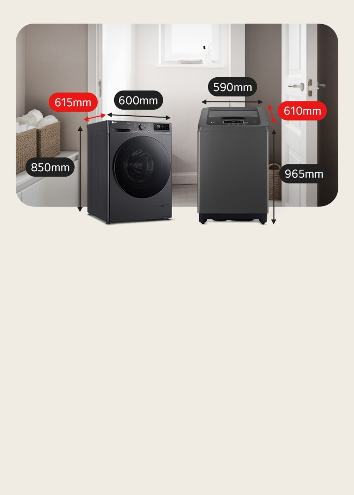 適用於家庭洗衣房的 610 公釐深黑色 LG 直立式洗衣機，和 615 公釐深的滾筒式洗衣機