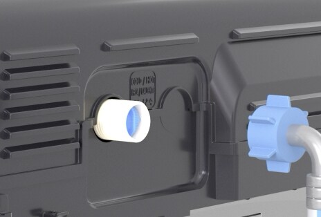 LG 洗衣機一角的特寫圖,展示底部可調整式腳架,可調整高度和水平度。