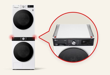 左圖顯示白色 LG 洗乾衣機堆疊,紅色圓圈標示其間的堆疊層架;右圖顯示套件截面的特寫。