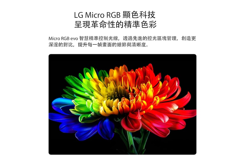 LG Micro RGB evo AI MRGB96 採用 RGB Primary Color Ultra 技術，螢幕顯示著花朵影像，透過獨立的 Micro RGB 引擎精準控制紅、綠、藍光源，呈現平衡的色彩與細膩對比。