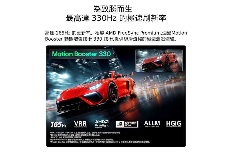 配備 Ultimate Gameplay 功能的 LG Micro RGB evo AI MRGB96，螢幕顯示著色彩鮮明的高速賽車場景，並以模糊對比插圖突顯 Motion Booster 330 效果；同時支援 165 Hz、VRR、AMD FreeSync、ALLM、HGiG 與 GeForce NOW。
