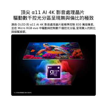LG Micro RGB evo AI MRGB96 搭載 Micro Dimming Ultra 技術，顯示著鮮明的海洋生物畫面，超過 830 萬個像素，全面實現精準色彩分離，結合第 3 代 alpha 11 AI 4K 處理器支援的數千個調光區，進一步強化表現。
