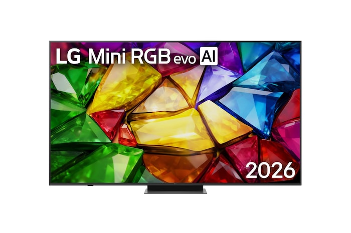 2026 年推出的 LG Mini RGB evo AI MRGB85 前視圖，採用極窄黑色邊框與矮支腳設計，螢幕顯示著鮮明的水晶影像，畫面由輪廓銳利的拼色晶體構成。