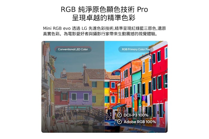 LG Mini RGB evo AI MRGB85 採用 RGB Primary Color Pro 技術，透過分割畫面與左側的傳統 LED 色彩效果進行對比，在右側呈現出更明亮、更高飽和度的建築影像，突顯 100% DCI-P3 與 100% Adobe RGB 色域覆蓋。