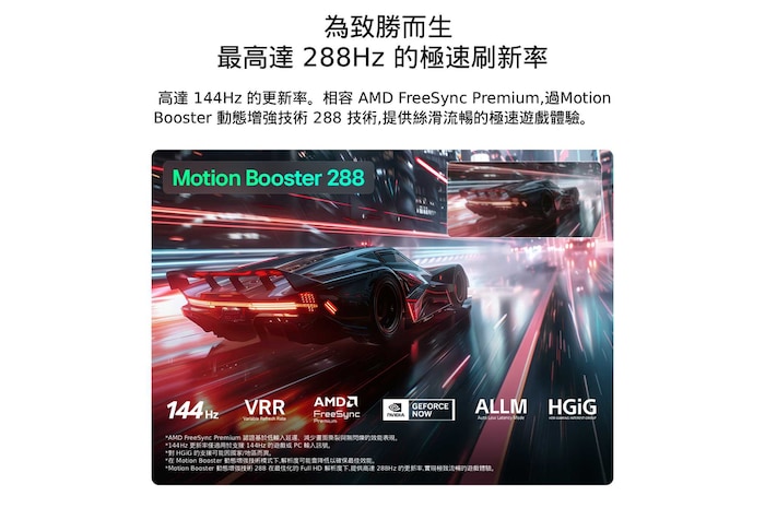 配備 Ultimate Gameplay 功能的 LG Mini RGB evo AI MRGB85，螢幕顯示著色彩鮮明的高速賽車場景，並以模糊對比插圖突顯 Motion Booster 288 效果；同時支援 144Hz、VRR、AMD FreeSync、ALLM、HGiG 與 GeForce NOW。