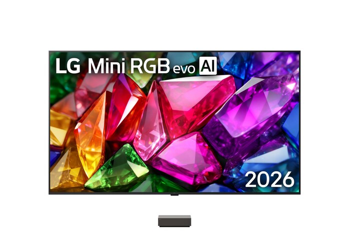 2026 年推出的 LG Mini RGB evo AI MRGB9M 前視圖,採用無支架極窄黑色邊框設計,螢幕顯示著鮮明的水晶影像,畫面由輪廓銳利的拼色晶體構成。