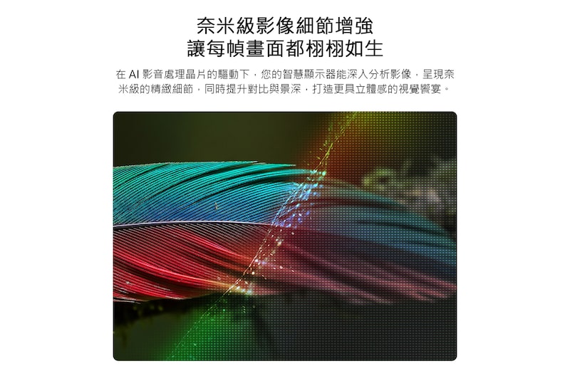 配備 Nano 細節增強功能的 LG NANO 4K UHD AI NU85 顯示羽毛圖像，由 alpha AI 處理器支援，能偵測細微紋理以提升對比和深度，呈現更清晰、更立體的 4K 畫面。
