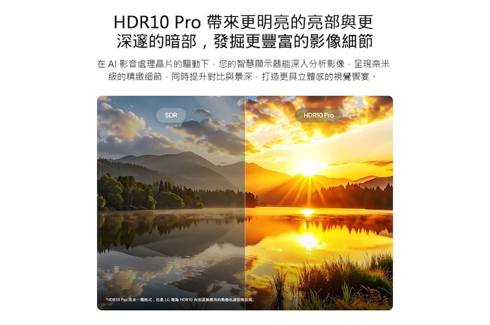LG NANO 4K UHD AI NU85 展示 HDR10 Pro 功能,透過分割畫面景觀影像比較 SDR 與 HDR10 Pro 的效果,呈現夕陽湖景中更明亮的高光、更深邃的陰影,以及更強烈的對比度,帶來更豐富的細節與清晰度。