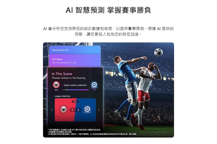 配備 AI 歡迎模式賽事預測功能的 LG NANO 4K UHD AI NU85,螢幕上播放足球比賽直播,同時顯示 AI 面板,提供比賽預測、賽事洞察與聯賽數據,展示 AI 如何分析比賽過程以預測結果。