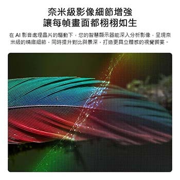 配備 Nano 細節增強功能的 LG NANO 4K UHD AI NU85 顯示羽毛圖像，由 alpha AI 處理器支援，能偵測細微紋理以提升對比和深度，呈現更清晰、更立體的 4K 畫面。