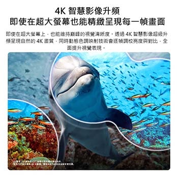 配備 AI 智慧影像超級升頻與動態色彩調節 Pro 技術的 LG NANO 4K UHD AI NU85，顯示水下海豚在珊瑚和魚群之間游泳的場景，AI 自動辨識並將每一幀畫面升級至 4K 解析度。