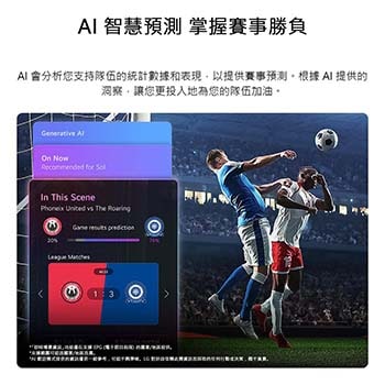 配備 AI 歡迎模式賽事預測功能的 LG NANO 4K UHD AI NU85，螢幕上播放足球比賽直播，同時顯示 AI 面板，提供比賽預測、賽事洞察與聯賽數據，展示 AI 如何分析比賽過程以預測結果。