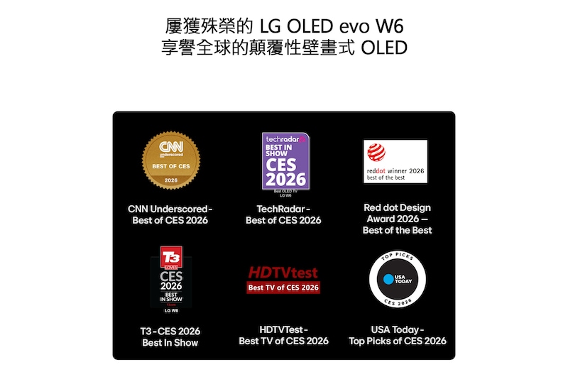 LG OLED evo AI W6 Wallpaper TV 螢幕上突顯五個獎項標章，包括 CNN underscored、TechRadar、iF design award、T3、HDTVTest 與 USA Today，突顯其在 CES 2026 的全球聲譽與領先地位。