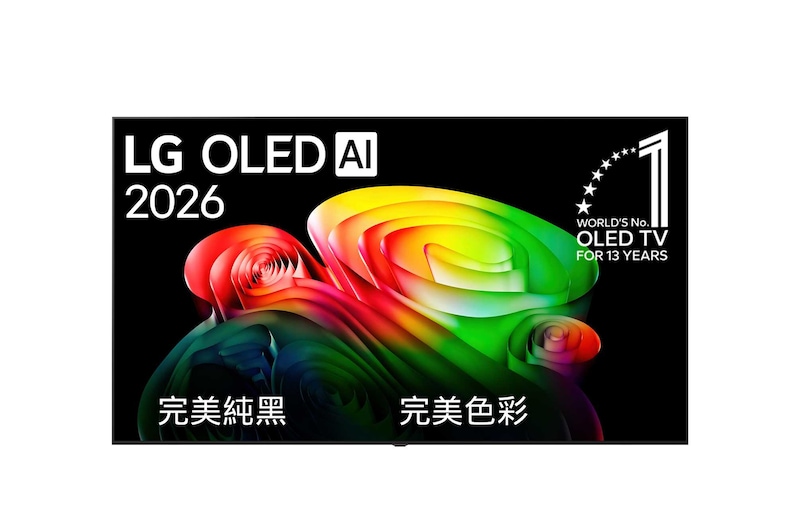 LG OLED AI B6 前視圖，於 2026 年推出，採用黑色極窄邊框，螢幕填滿著鮮明立體、多層次的彩色圖形。