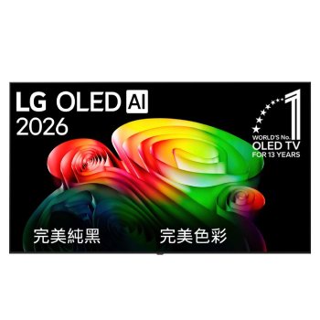LG OLED AI B6 前視圖，於 2026 年推出，採用黑色極窄邊框，螢幕填滿著鮮明立體、多層次的彩色圖形。