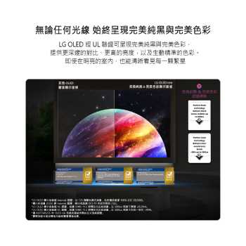 LG OLED AI B6 以分割畫面顯示行星與群星場景，相較於防眩光霧面螢幕，其完美純黑與完美色彩螢幕能在任何明暗環境下都呈現更清晰的畫質，並具備獲 UL 認證和 Intertek 認證的色彩容量和色彩還原度。