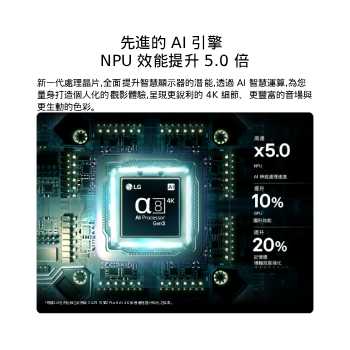 LG OLED AI B6 搭載的第 3 代 alpha 8 AI 4K 處理器，在電路板上散發藍色光，突顯 AI 運算效能表現：NPU 速度提升達 5 倍、CPU 處理速度提升 10%，並增加 20% 記憶體容量。