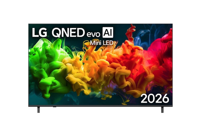 2026 年推出的 LG QNED evo AI QNED80 Mini LED 前視圖,整個螢幕呈現鮮豔多彩的顏料水花動態,層次豐富的色彩在顯示器上流暢綻放。