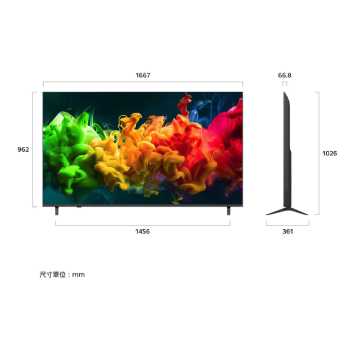 LG QNED evo AI QNED80 Mini LED 前視圖與側視圖，展示 75 吋螢幕，螢幕寬度 1667 公釐、高度 962 公釐，含支架高度 1026 公釐，機身厚度 66.8 公釐，底座佔地尺寸為 1456 × 361 公釐。