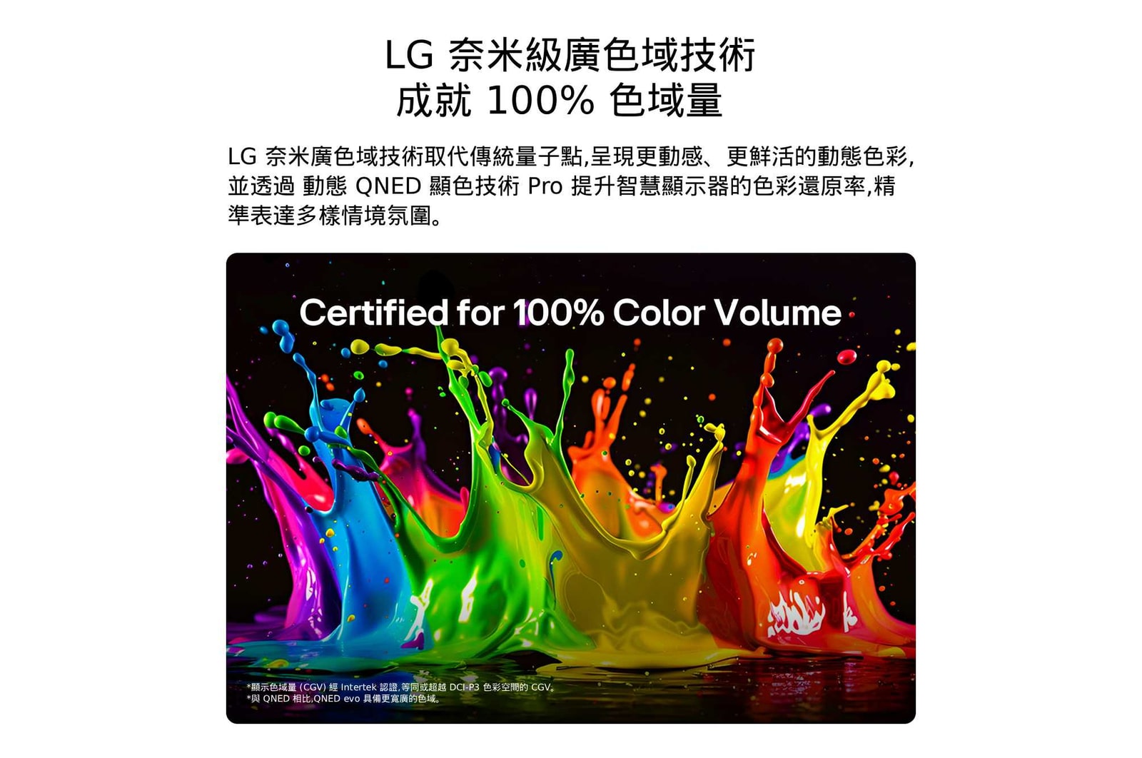 搭載 Dynamic QNED Pro 色彩顯示技術的 LG QNED evo AI QNED80 Mini LED，整個螢幕呈現鮮豔多彩的顏料水花動態，展現通過 100% 色彩容量認證的先進色彩鮮豔度。