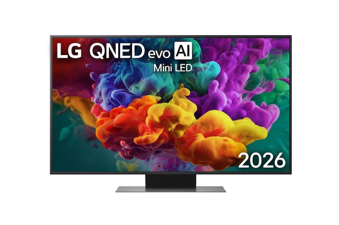 2026 年推出的 LG QNED evo AI QNED86 Mini LED 前視圖,整個螢幕呈現鮮豔多彩的顏料水花動態,濃郁色彩如雲霧般濃郁色彩如雲霧般。