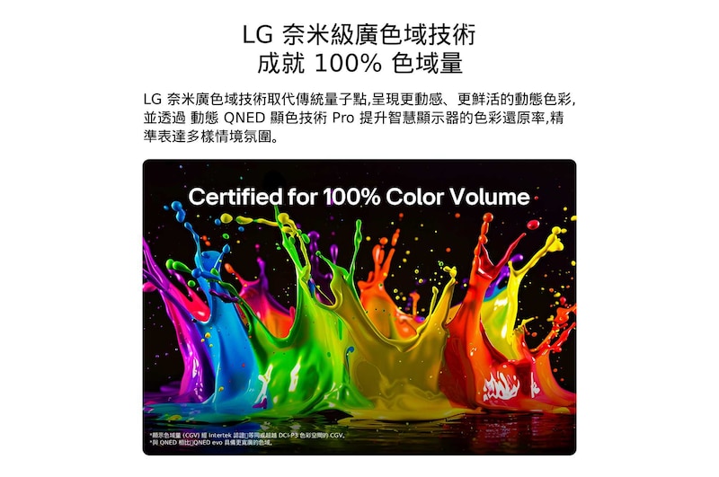 搭載 Dynamic QNED Pro 色彩顯示技術的 LG QNED evo AI qned86 Mini LED，整個螢幕呈現鮮豔多彩的顏料水花動態，展現通過 100% 色彩容量認證的先進色彩鮮豔度。