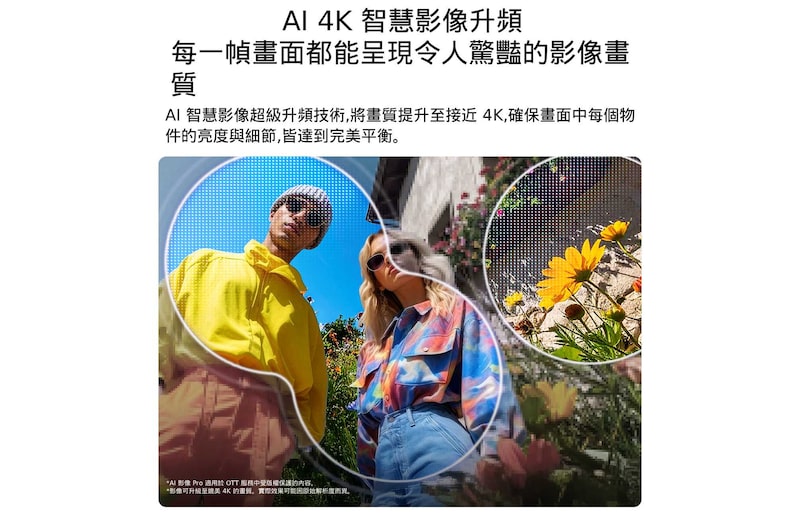 搭載 AI 影像 Pro 與動態色彩調節技術 Pro 的 LG QNED evo AI qned86 Mini LED，呈現兩人置身鮮豔花卉間的低角度戶外生活場景，AI 辨識影像並將每幀畫面升級至 4K，提升質感與細節清晰度。