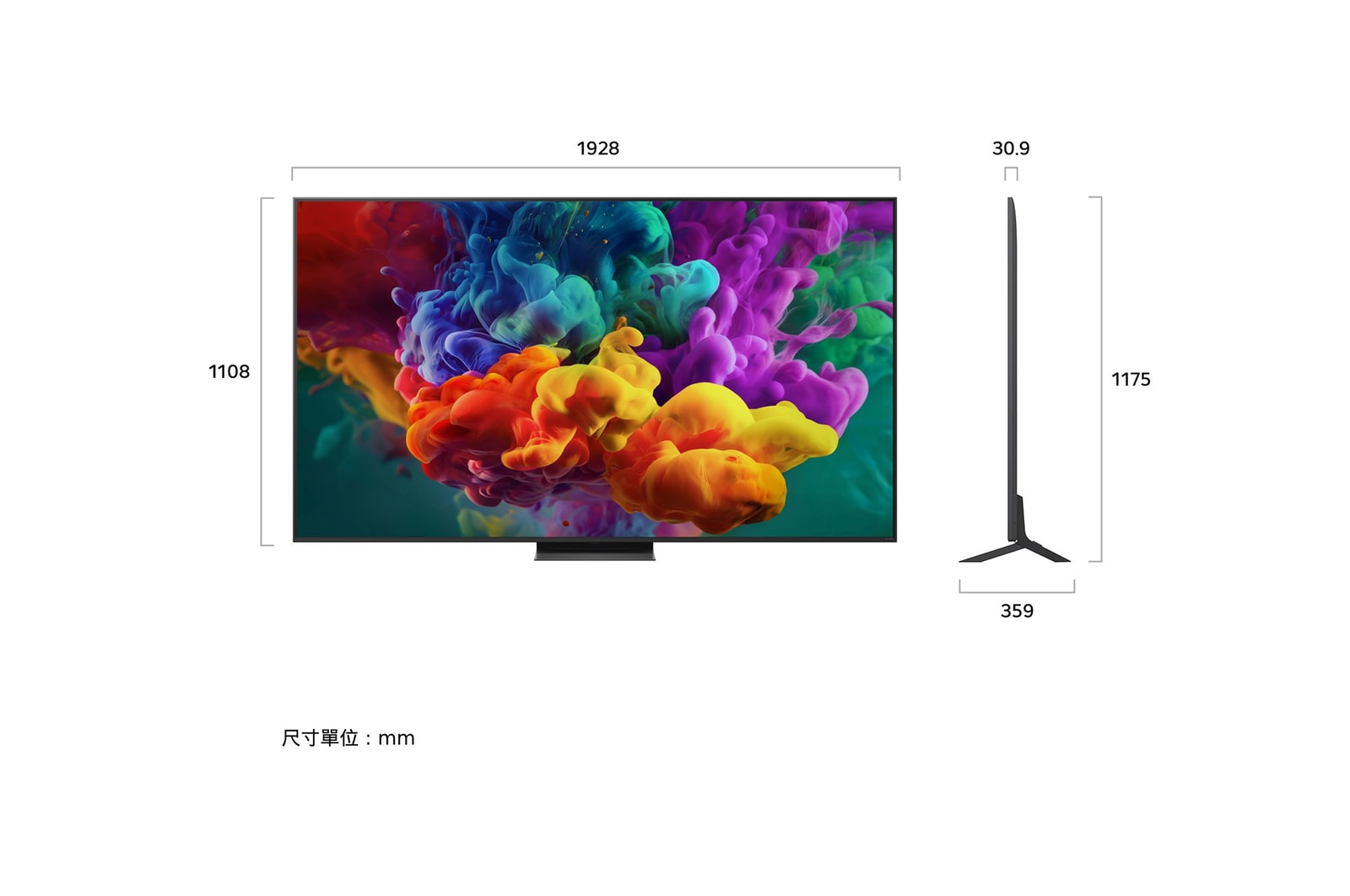 LG QNED evo AI QNED86 Mini LED 前視圖與側視圖，展示 86 吋螢幕，螢幕寬度 1928 公釐、高度 1108 公釐，含支架高度 1175 公釐，纖薄機身厚度 30.9 公釐，底座佔地尺寸為 1582/524 × 359 公釐。