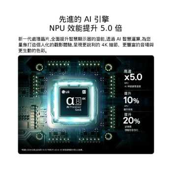 LG QNED evo AI QNED86 Mini LED 搭載的第 3 代 alpha 8 AI 4K 處理器，在電路板上散發藍色光，突顯 AI 運算效能表現：NPU 處理速度提升 5 倍、GPU 圖像處理效能提升 10%，且記憶體傳輸效率提升 20% 。