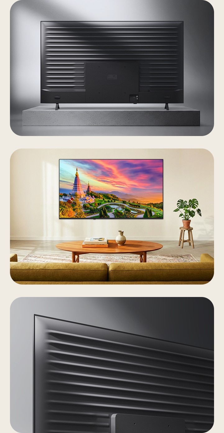 採用流線設計的 LG QNED AI QNED70 Mini LED 以多角度呈現：上方展示背板，左下方為貼合牆面壁掛式安裝於客廳的場景，右下方為金屬背板紋理特寫。
