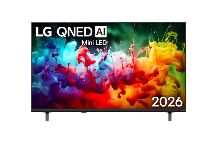 2026 年推出的 LG QNED AI QNED70 Mini LED 前視圖，整個螢幕呈現鮮豔多彩的水花動態，細膩分層的色彩在顯示器上流暢綻放。