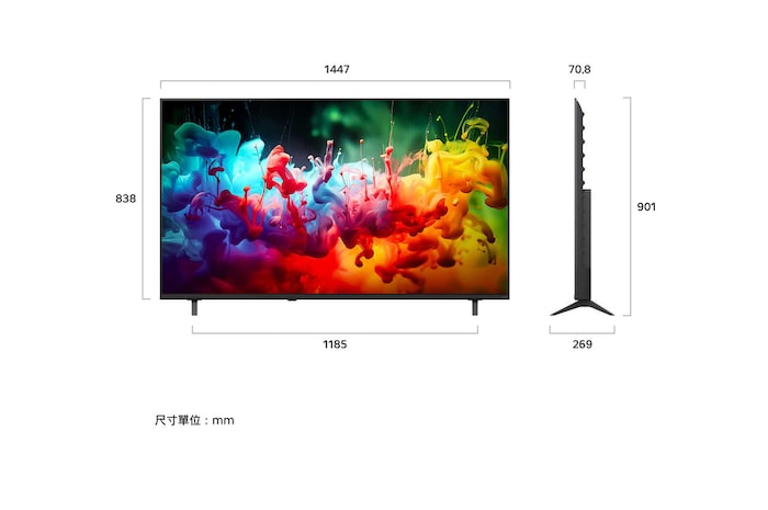LG QNED AI QNED70 Mini LED 前視圖與側視圖，展示 65 吋螢幕，螢幕寬度 1447 公釐、高度 838 公釐，含支架高度 901 公釐，機身厚度 70.8 公釐，底座佔地尺寸為 1185 × 269 公釐。