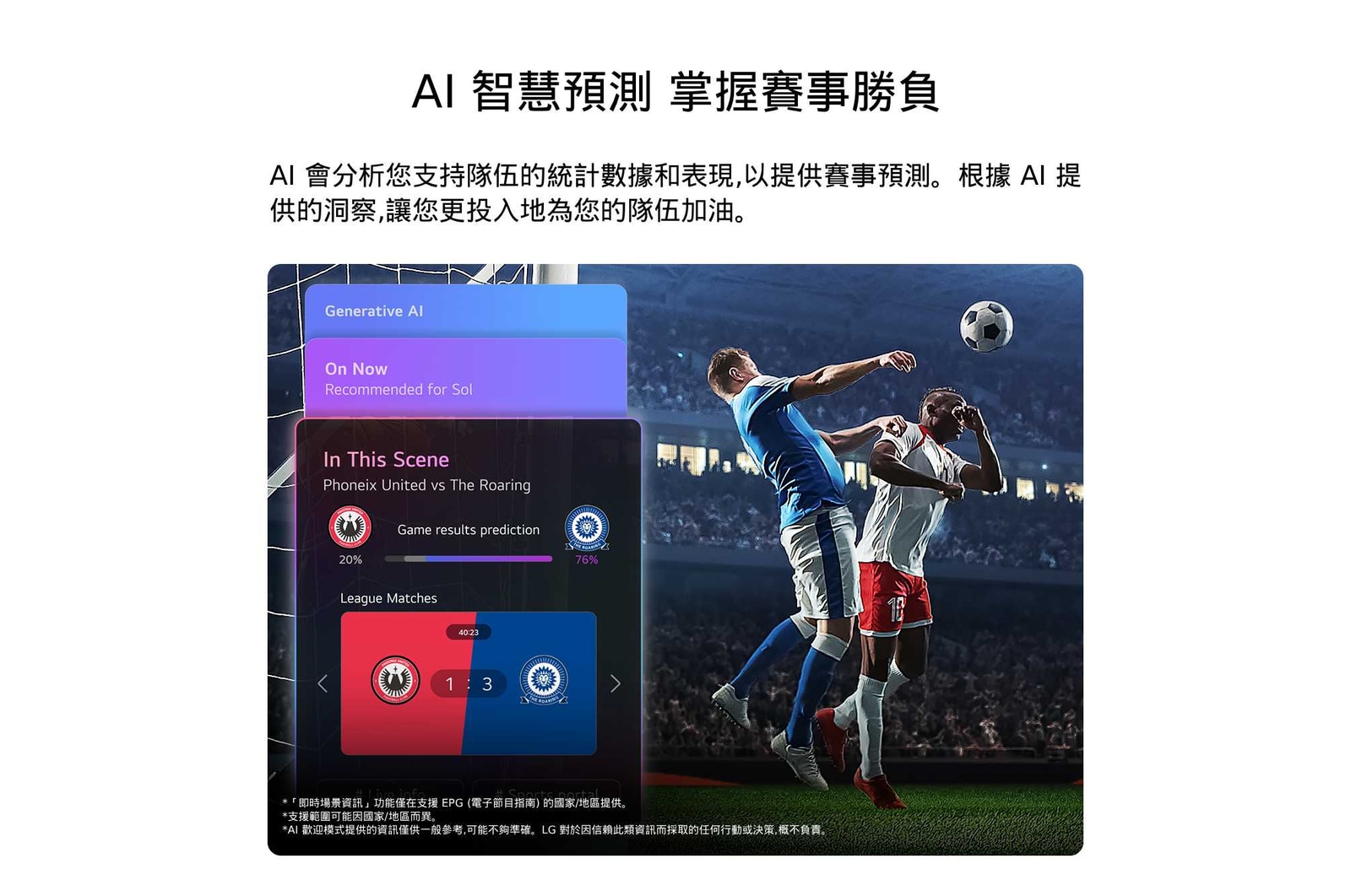 配備 AI 歡迎模式賽事預測功能的 LG QNED evo AI QNED70 Mini LED，螢幕上播放足球比賽直播，同時顯示 AI 面板，提供比賽預測、賽事洞察與聯賽數據，展示 AI 如何分析比賽過程以預測結果。