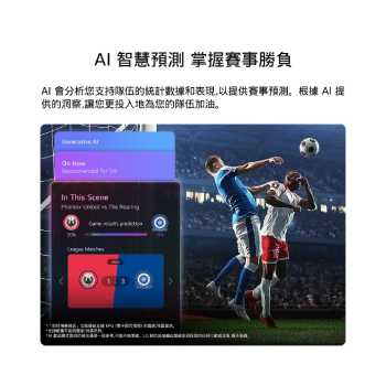 配備 AI 歡迎模式賽事預測功能的 LG QNED evo AI QNED70 Mini LED，螢幕上播放足球比賽直播，同時顯示 AI 面板，提供比賽預測、賽事洞察與聯賽數據，展示 AI 如何分析比賽過程以預測結果。